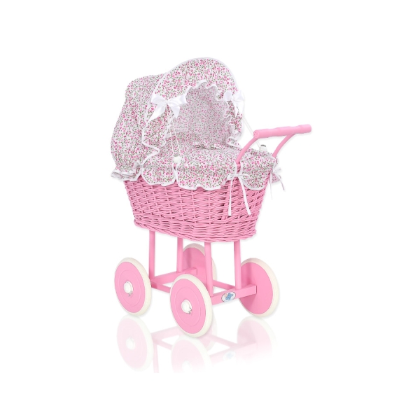 Landau en Osier pour Poupée  Rose Fleurs