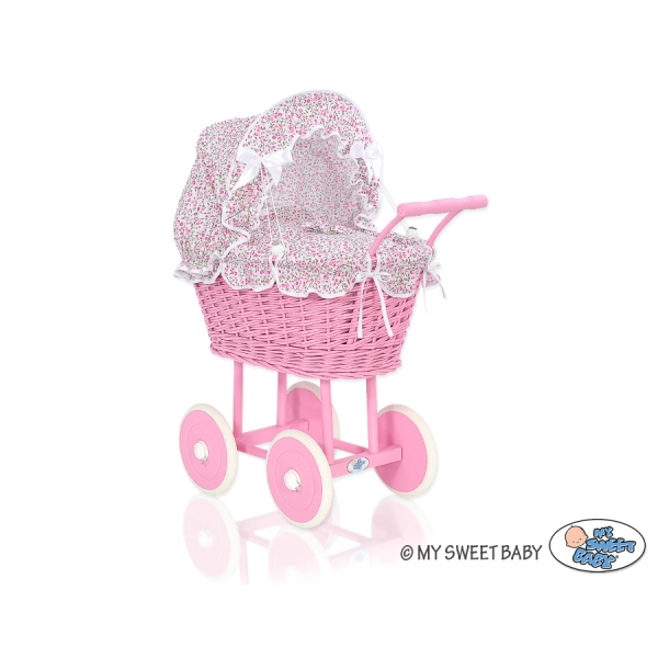 Landau en Osier pour Poupée  Rose Fleurs