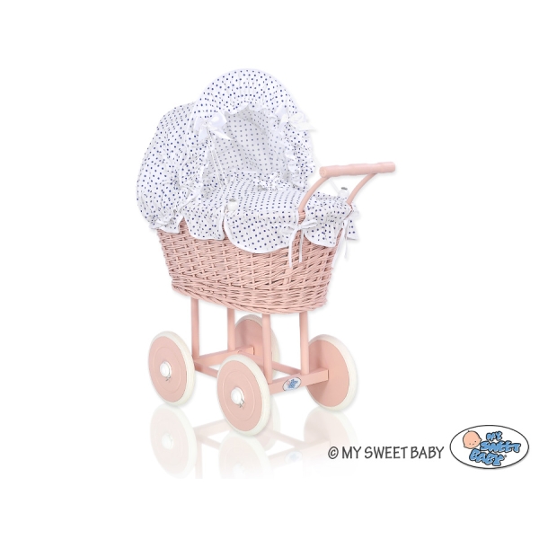 Landau en Rotin pour Poupée avec Textile Blanc Bleu Marine à Pois Rose Poudré