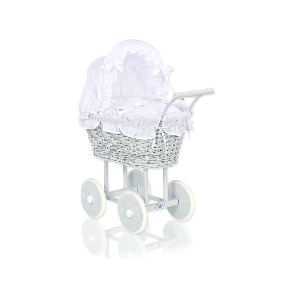 Landau en Rotin pour Poupée avec Textile Blanc Gris
