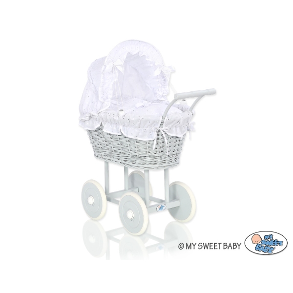 Landau en Rotin pour Poupée avec Textile Blanc Gris