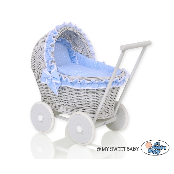 Landau en Rotin pour Poupée avec Textile Blanc Gris Bleu à Pois