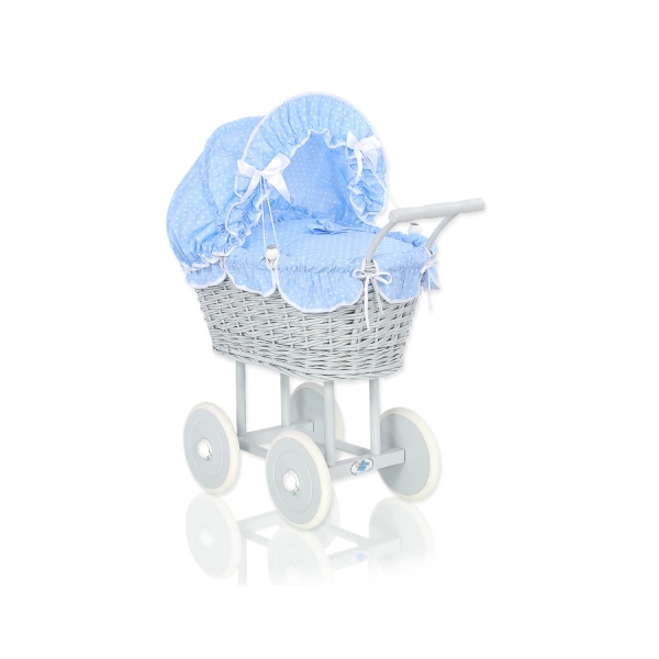 Landau en Rotin pour Poupée avec Textile Blanc Gris Bleu à Pois
