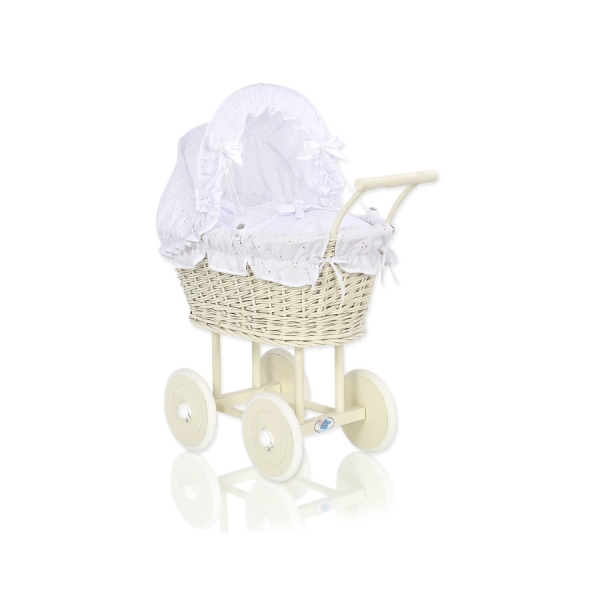 Landau en Rotin pour Poupée avec Textile Crème Blanc
