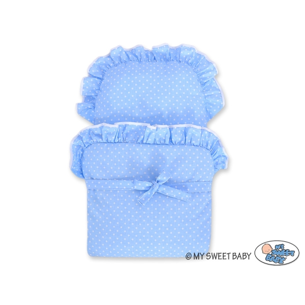 Landau en Rotin pour Poupée avec Textile Crème Blanc Bleu à Pois