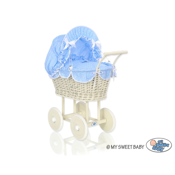 Landau en Rotin pour Poupée avec Textile Crème Blanc Bleu à Pois