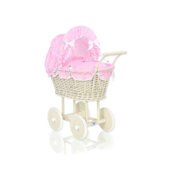 Landau en Rotin pour Poupée avec Textile Crème Rose à Carreaux