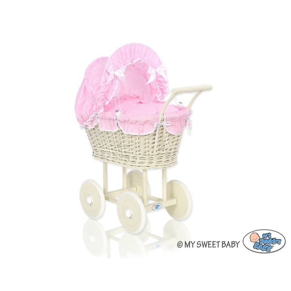 Landau en Rotin pour Poupée avec Textile Crème Rose à Carreaux