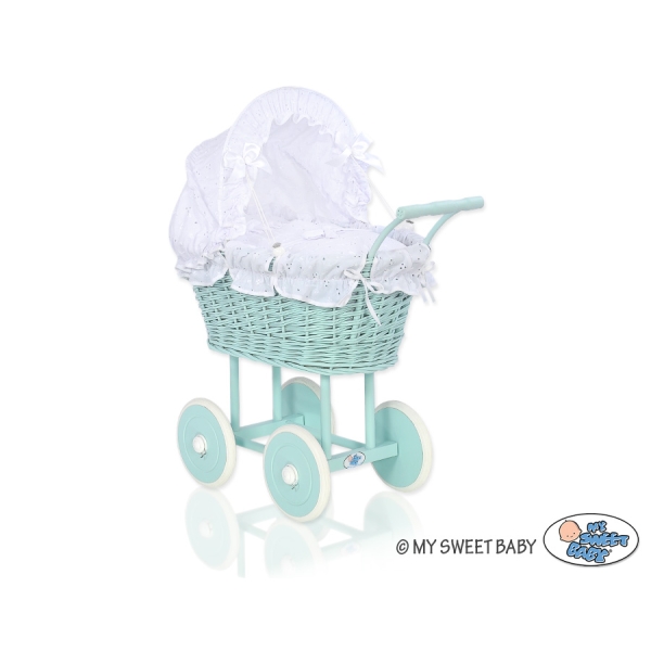 Landau en Rotin pour Poupée avec Textile Menthe Blanc