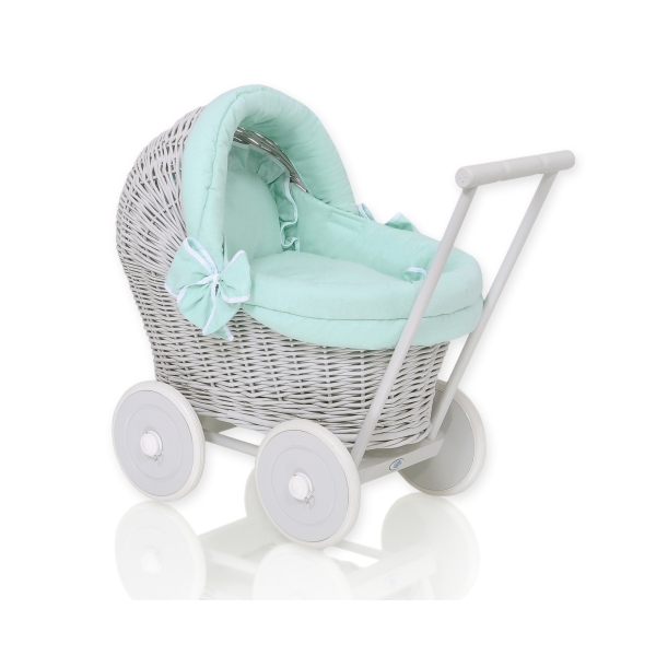 Landau en Rotin pour Poupée avec Textile Menthe Gris