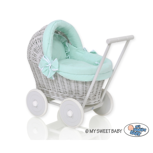 Landau en Rotin pour Poupée avec Textile Menthe Gris