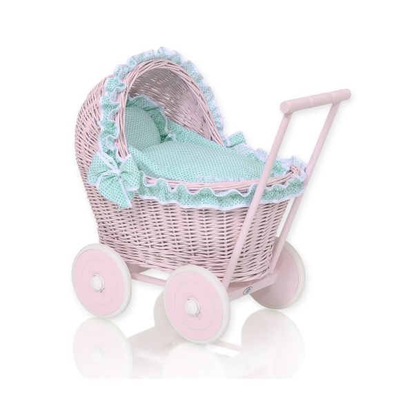 Landau en Rotin pour Poupée avec Textile Menthe Rose à Pois