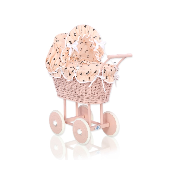 Landau en Rotin pour Poupée avec Textile Petits Nœuds Rose Poudré