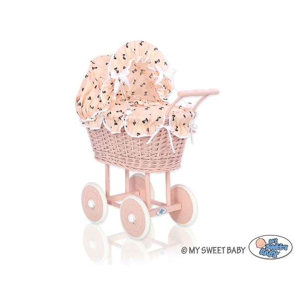 Landau en Rotin pour Poupée avec Textile Petits Nœuds Rose Poudré