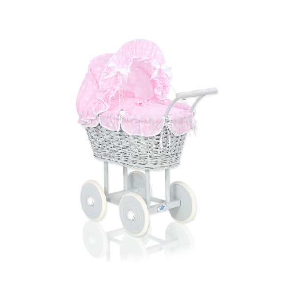 Landau en Rotin pour Poupée avec Textile Rose Gris à Pois