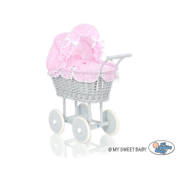 Landau en Rotin pour Poupée avec Textile Rose Gris à Pois