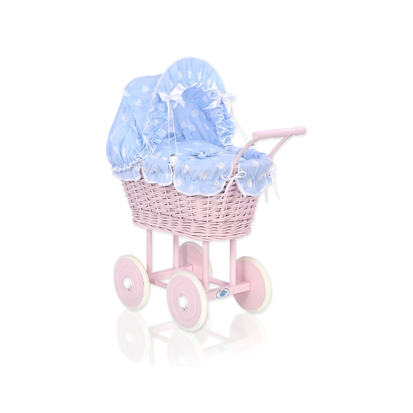 Landau en Rotin pour Poupée avec Textile Rose Poussiéreux