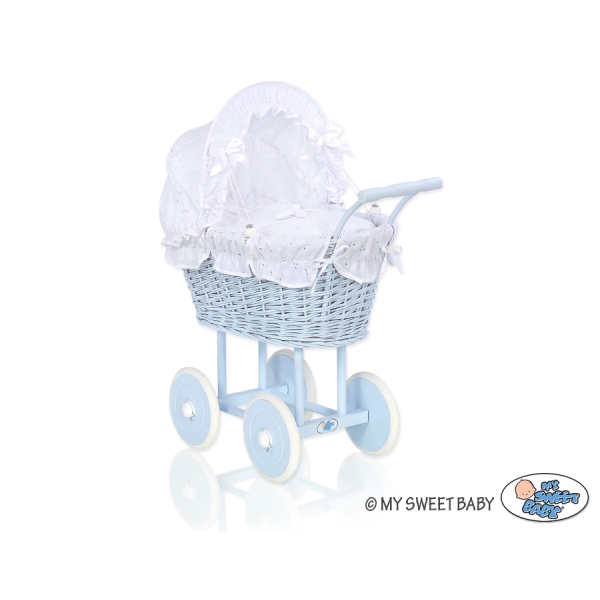 Landau en Rotin pour Poupée  Blanc Bleu