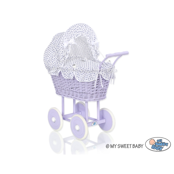 Landau en Rotin pour Poupée  Blanc Bleu Marine Lila à Pois