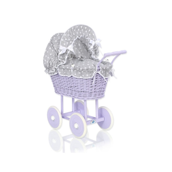 Landau en Rotin pour Poupée  Blanc Gris Lila à Pois