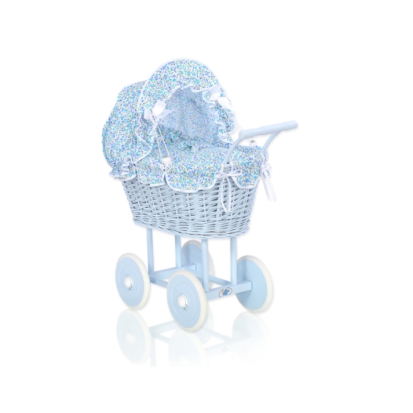 Landau en Rotin pour Poupée  Bleu Bleu Fleurs