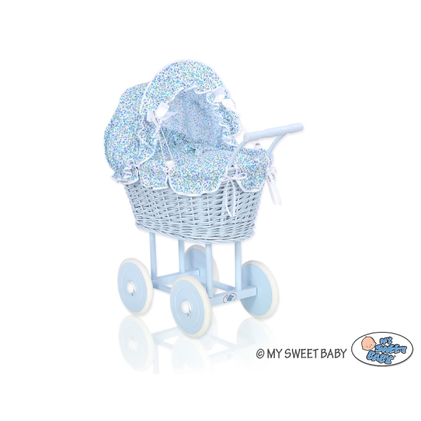 Landau en Rotin pour Poupée  Bleu Bleu Fleurs