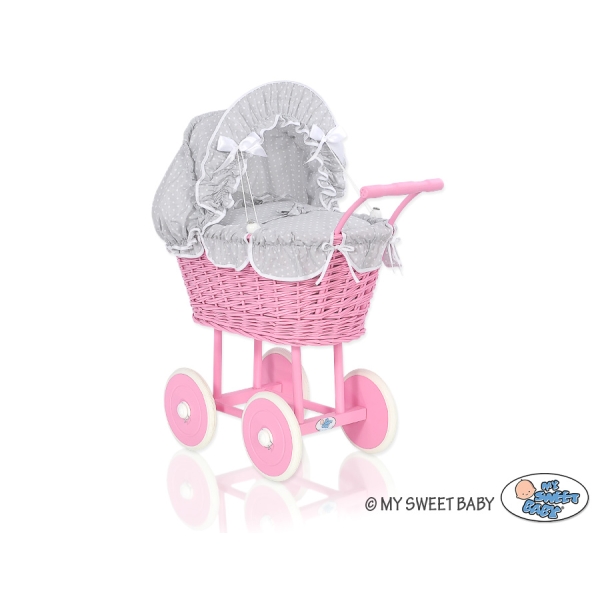 Landau en Rotin pour Poupée  Rose Blanc Gris à Pois