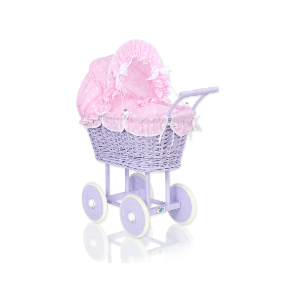 Landau en Rotin pour Poupée  Rose Lila à Pois