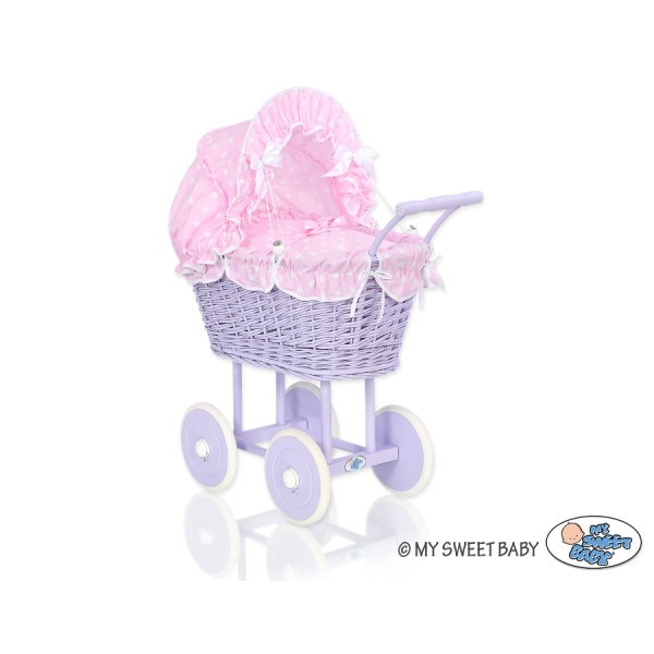 Landau en Rotin pour Poupée  Rose Lila à Pois