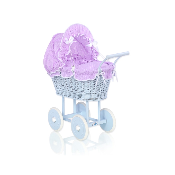 Landau Poupée en Osier Blanc Bleu Lila à Pois