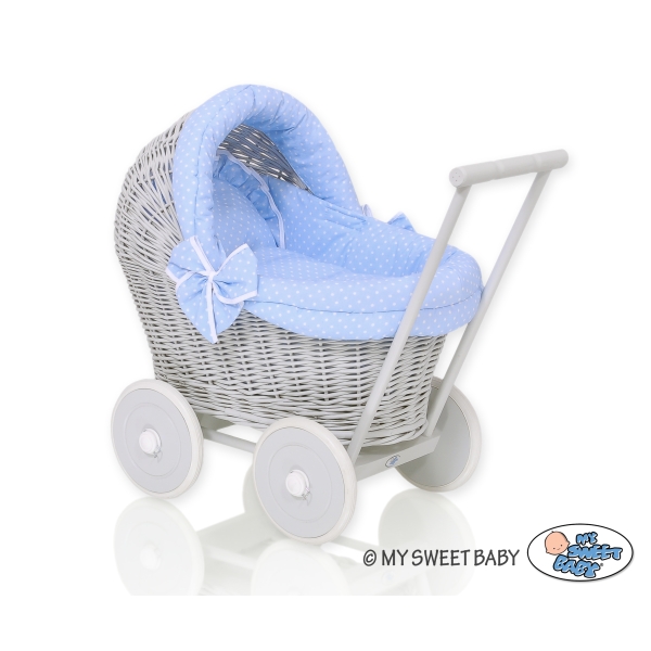 Landau Poupée en Osier Blanc Gris Bleu à Pois