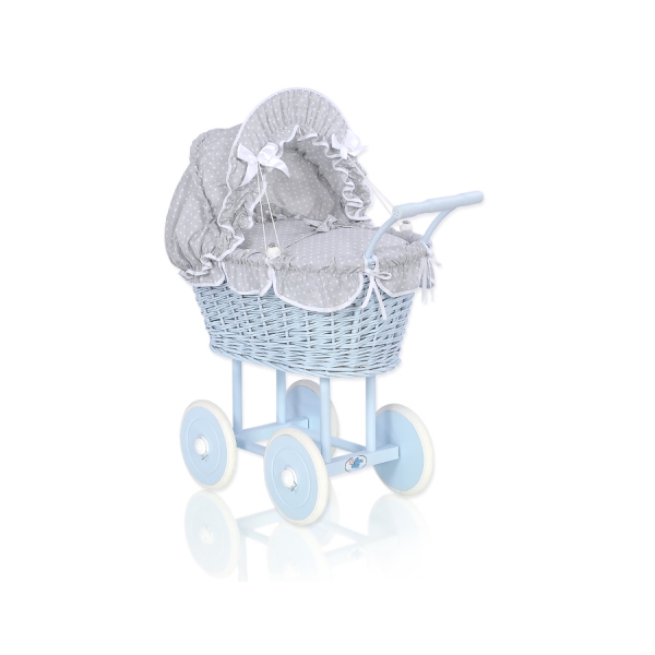Landau Poupée en Osier Blanc Gris Bleu à Pois