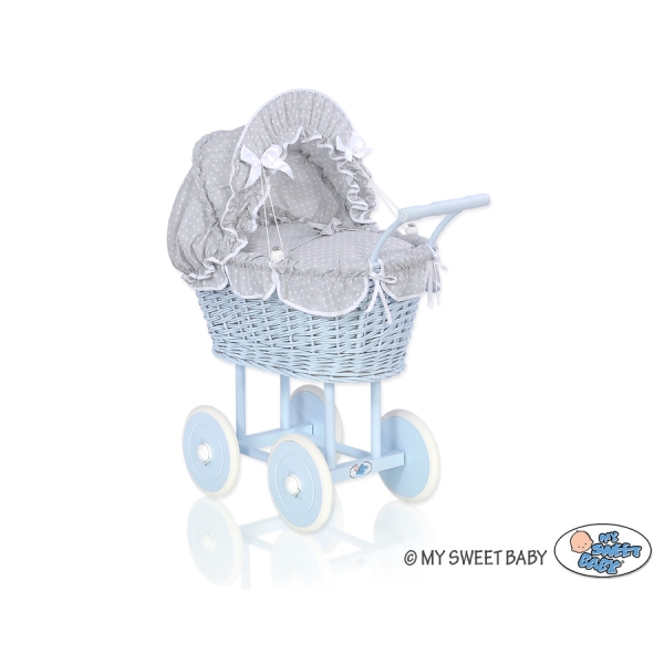 Landau Poupée en Osier Blanc Gris Bleu à Pois