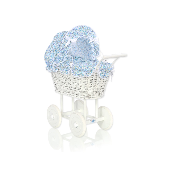 Landau Poupée en Osier Bleu Fleurs
