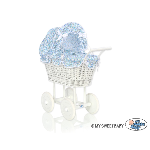 Landau Poupée en Osier Bleu Fleurs