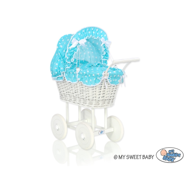 Landau Poupée en Osier Turquoise à Pois
