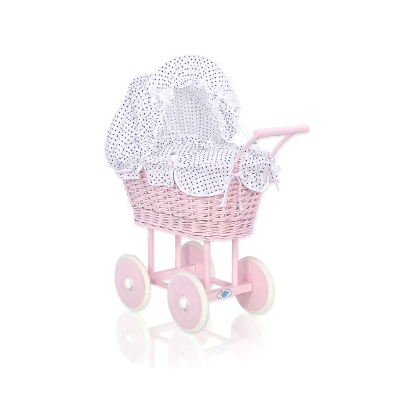 Landau Poupée en Rotin Blanc Bleu Marine à Pois Rose Poussiéreux