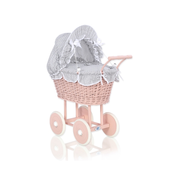 Landau Poupée en Rotin Blanc Gris à Pois Rose Poudré