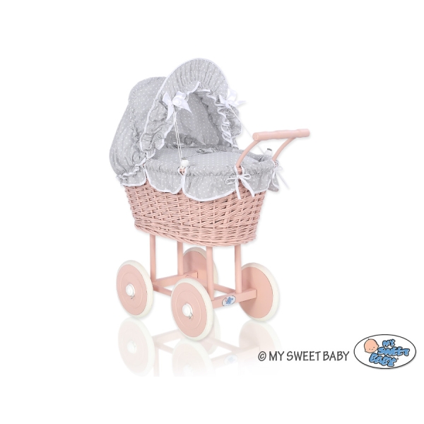 Landau Poupée en Rotin Blanc Gris à Pois Rose Poudré