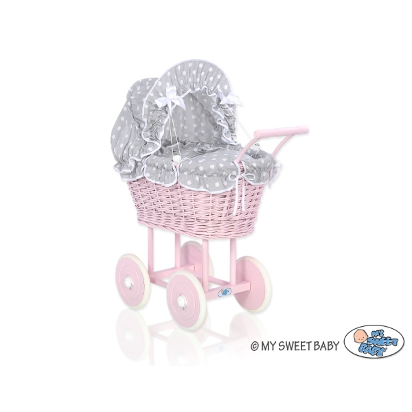 Landau Poupée en Rotin Blanc Gris à Pois Rose Poussiéreux