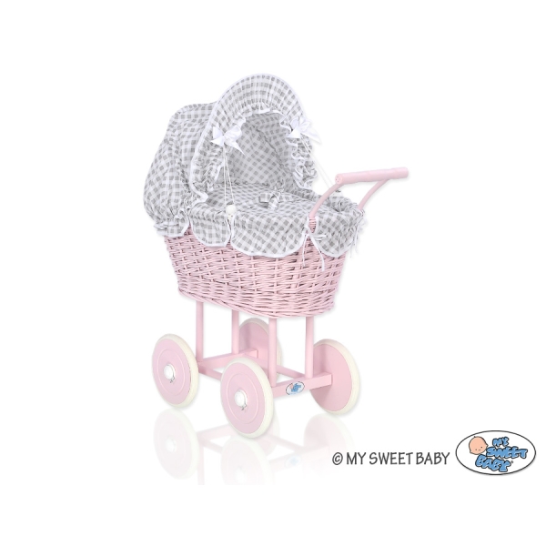 Landau Poupée en Rotin Gris à Carreaux Rose Poussiéreux