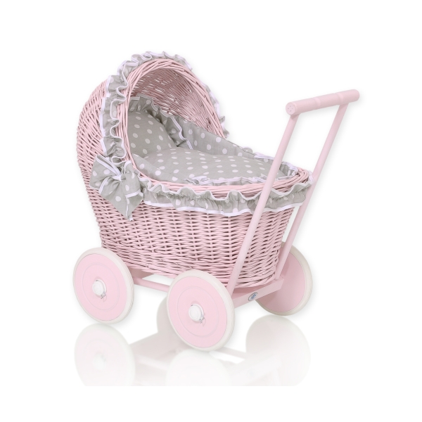 Landau Poupée en Rotin Rose Blanc Gris à Pois