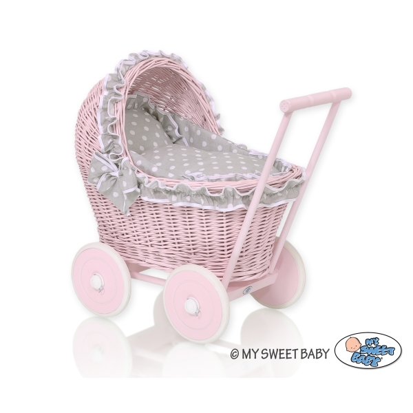 Landau Poupée en Rotin Rose Blanc Gris à Pois