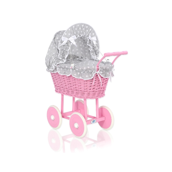 Landau Poupée en Rotin Rose Blanc Gris à Pois