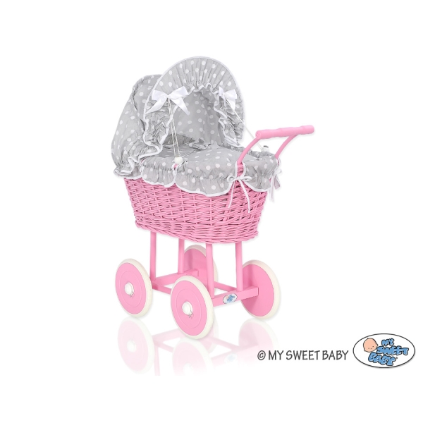 Landau Poupée en Rotin Rose Blanc Gris à Pois