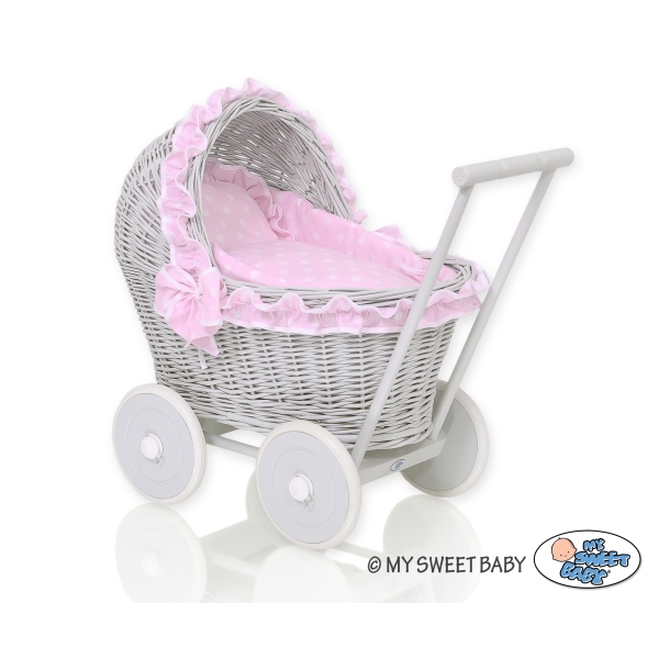 Landau Poupée en Rotin Rose Gris à Pois