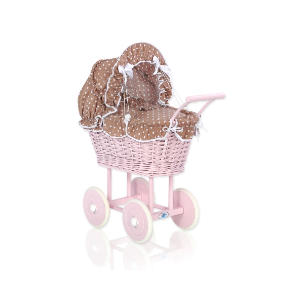 Landau pour Poupée en Osier Brun à Pois Rose Poussiéreux