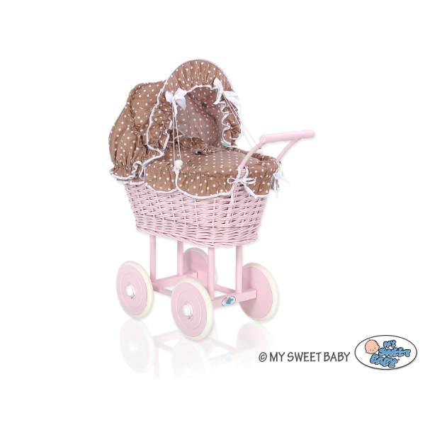 Landau pour Poupée en Osier Brun à Pois Rose Poussiéreux