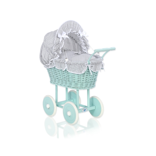 Landau pour Poupée en Osier Menthe Blanc Gris à Pois