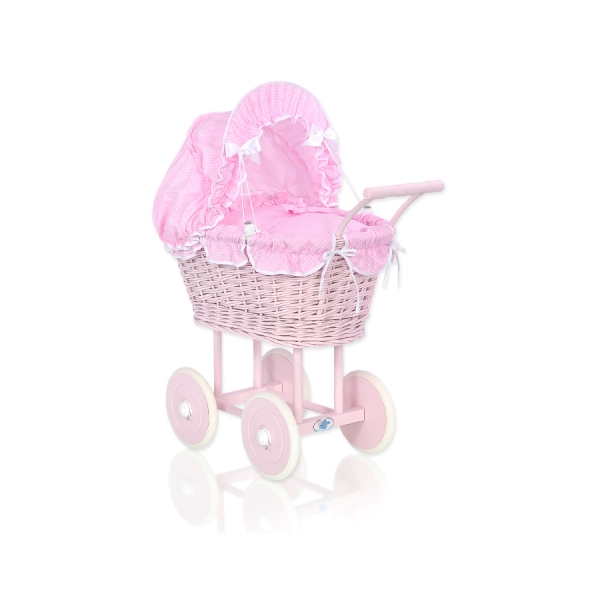 Landau pour Poupée en Osier Rose à Carreaux Rose Poussiéreux